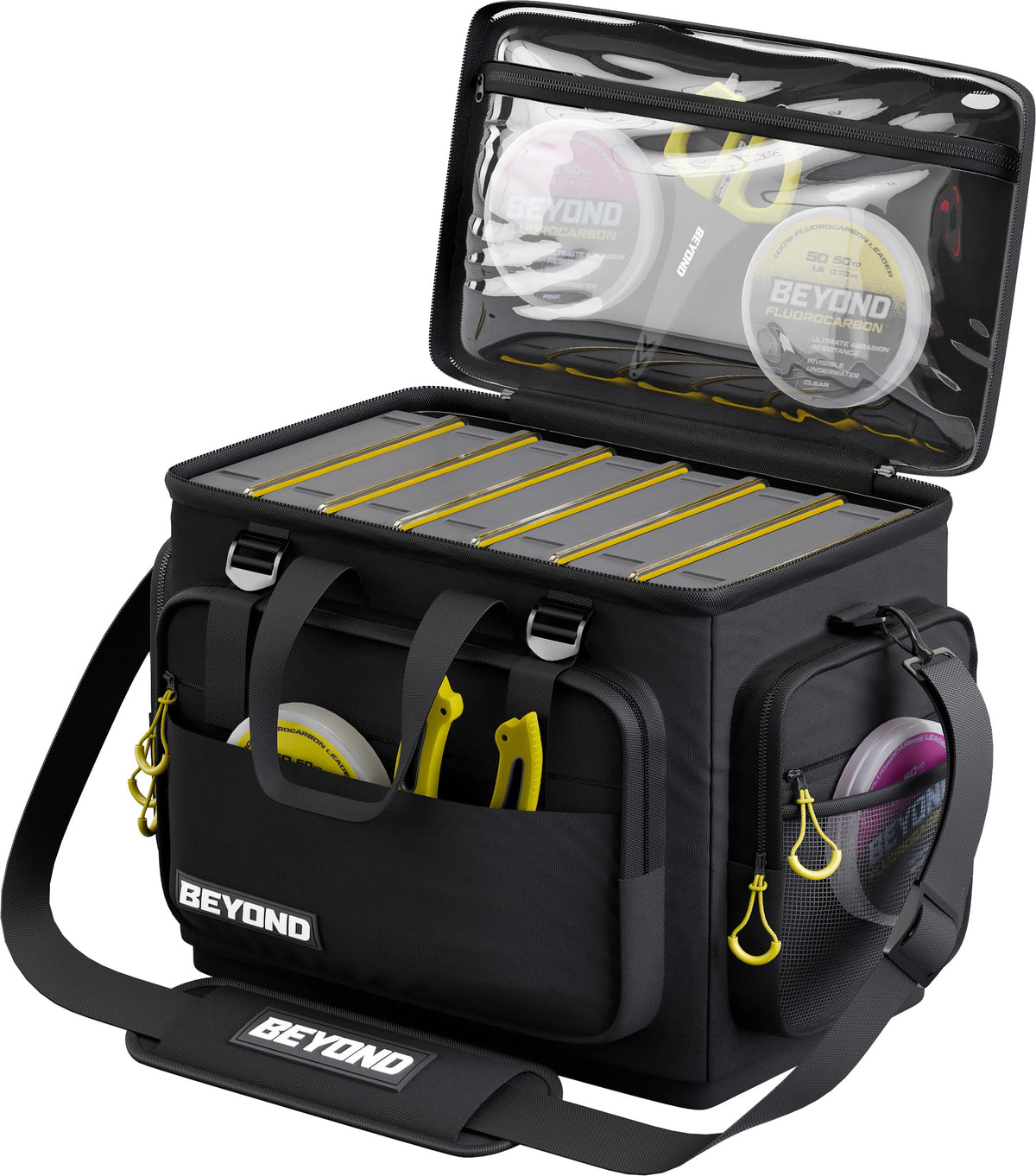 Beyond Braid Hauler Pro Medium shows compact storage for seven tackle boxes on the go