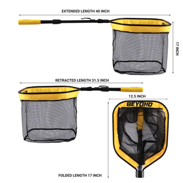 Beyond Braid landing net shows extended telescopic handle for hard-to-reach landings.