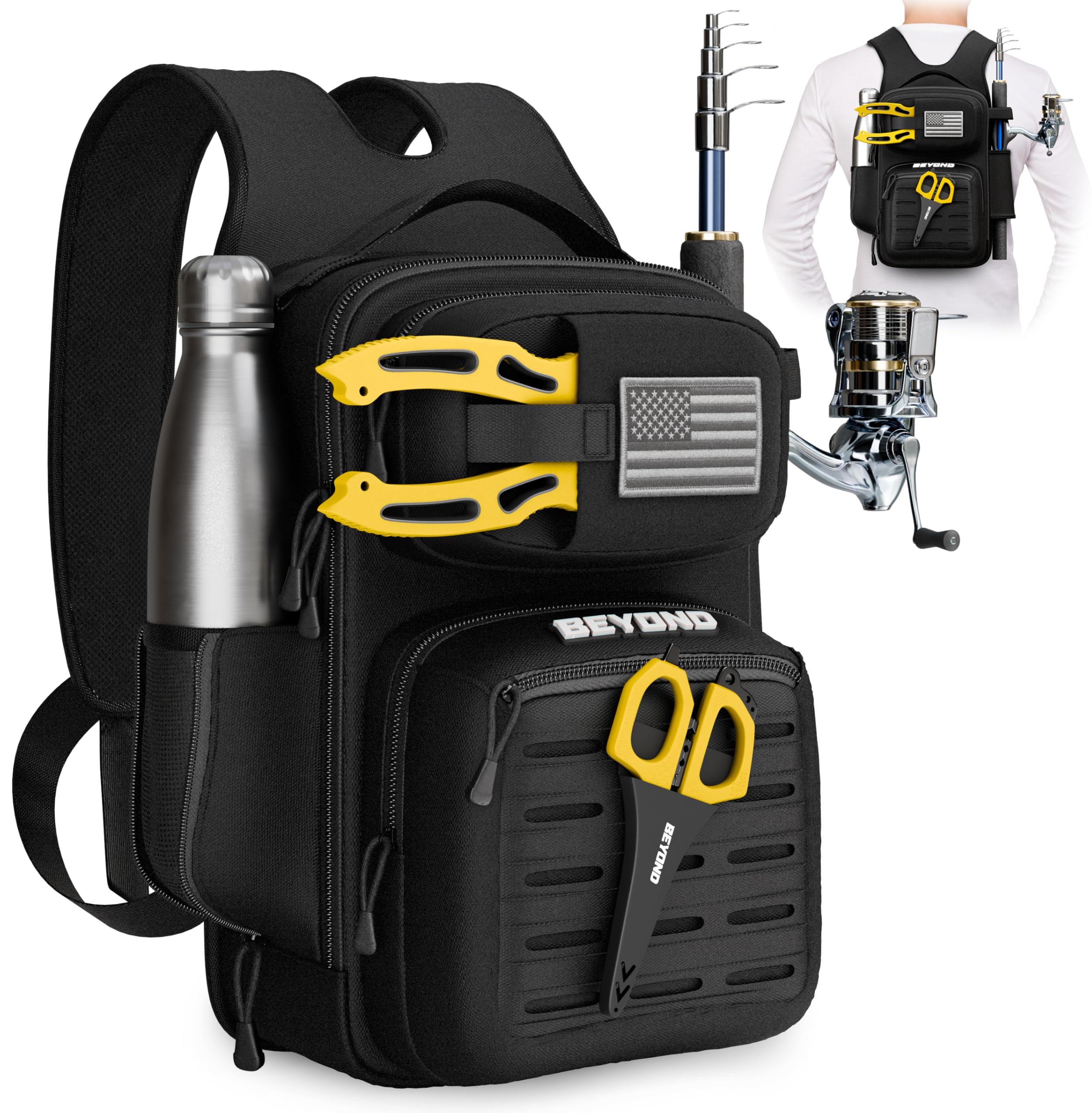 Beyond Braid Voyager backpack front view, compact on-the-go fishing setup.