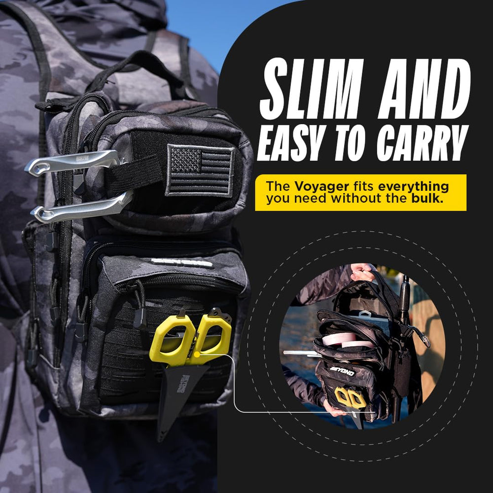 Beyond Braid Voyager main-compartment stores two 3600 tackle boxes efficiently.