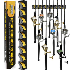 GripLock vertical fishing rod rack mounted on a garage wall holding nine rods