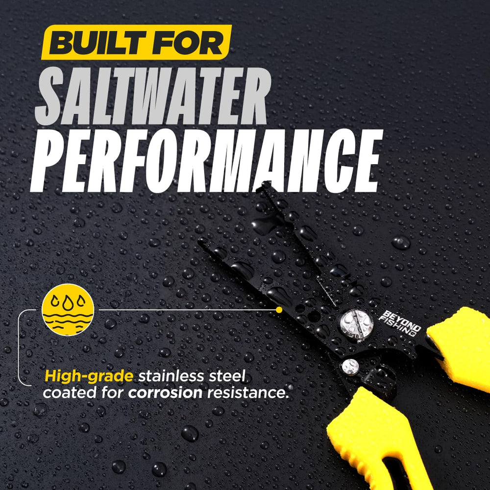 Split ring nose, hook tool, and lure tuning channel on QuickRig pliers