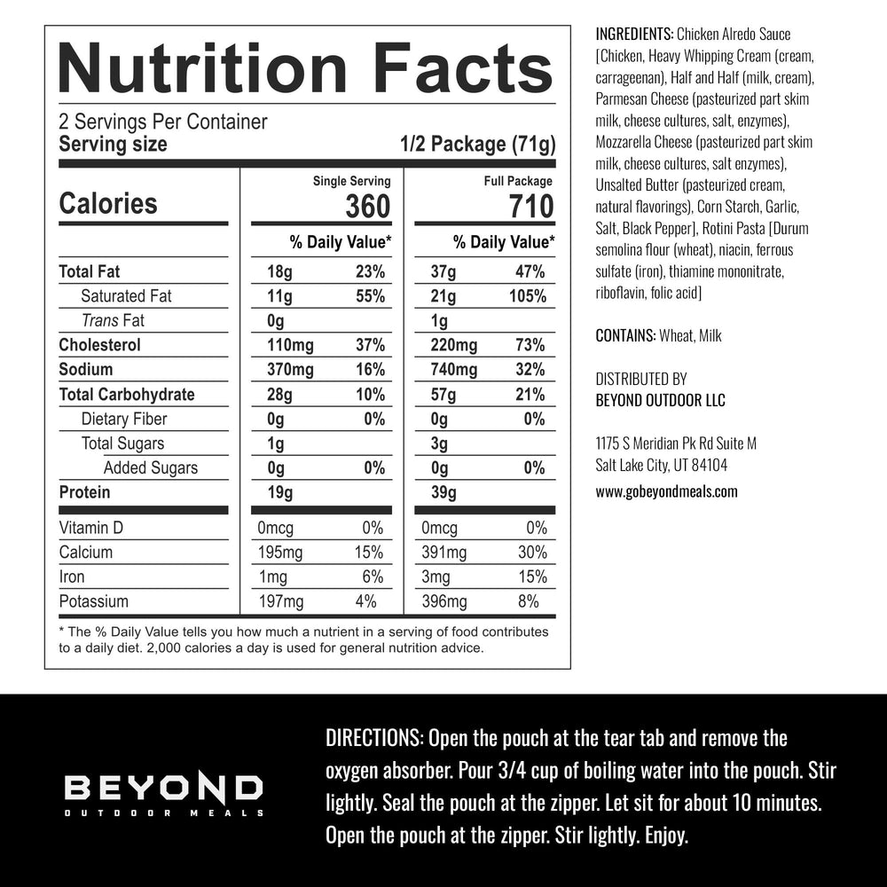 Beyond Outdoor Meals Chicken Alfredo ingredients close-up with real chicken