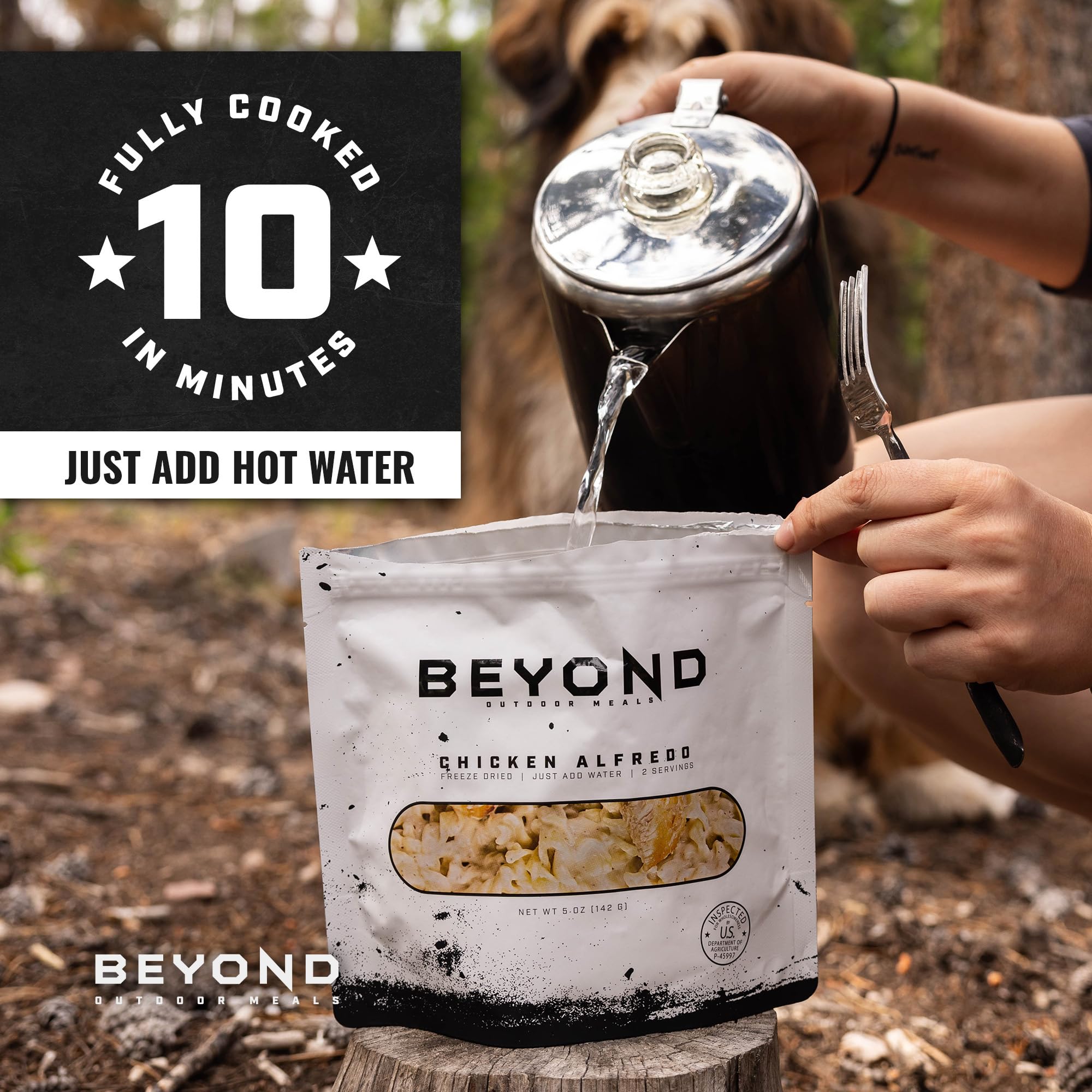 Beyond Outdoor Meals Chicken Alfredo ready-to-serve dish after hydration
