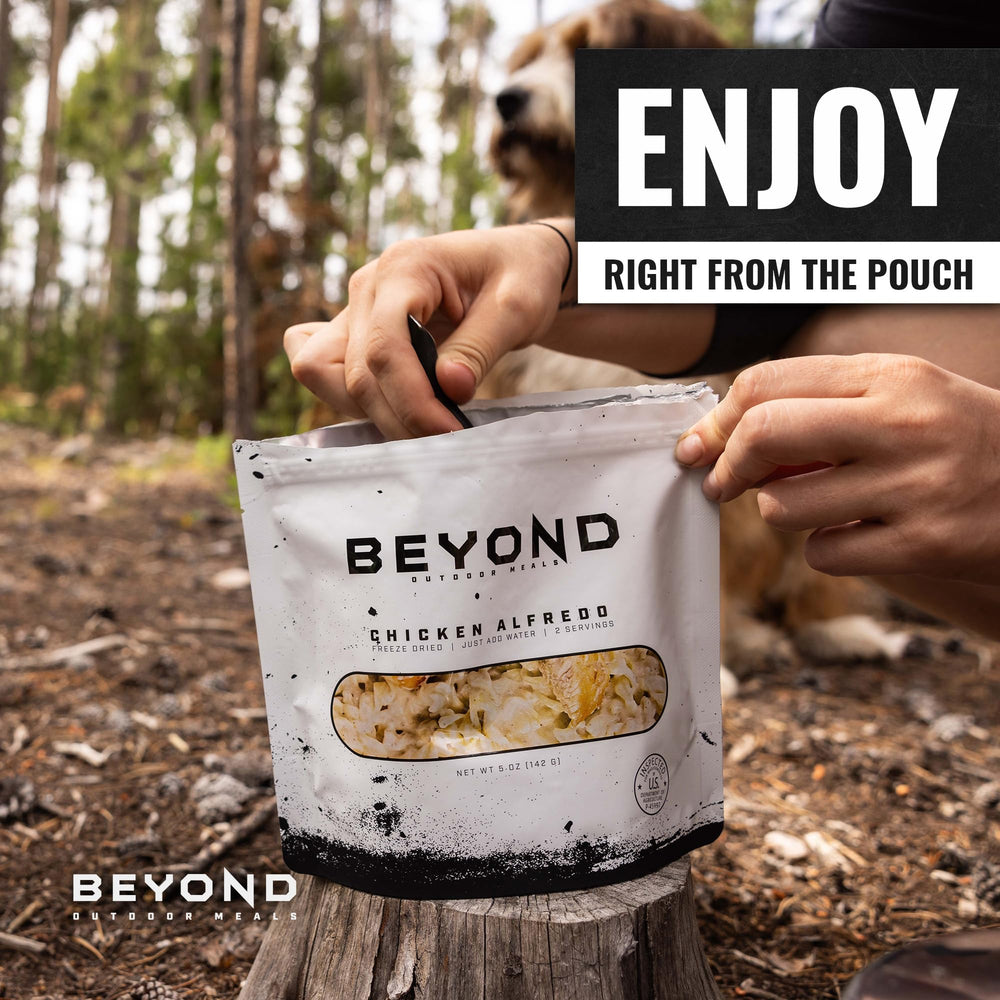 Beyond Outdoor Meals Chicken Alfredo shelf-stable packaging on a pantry shelf