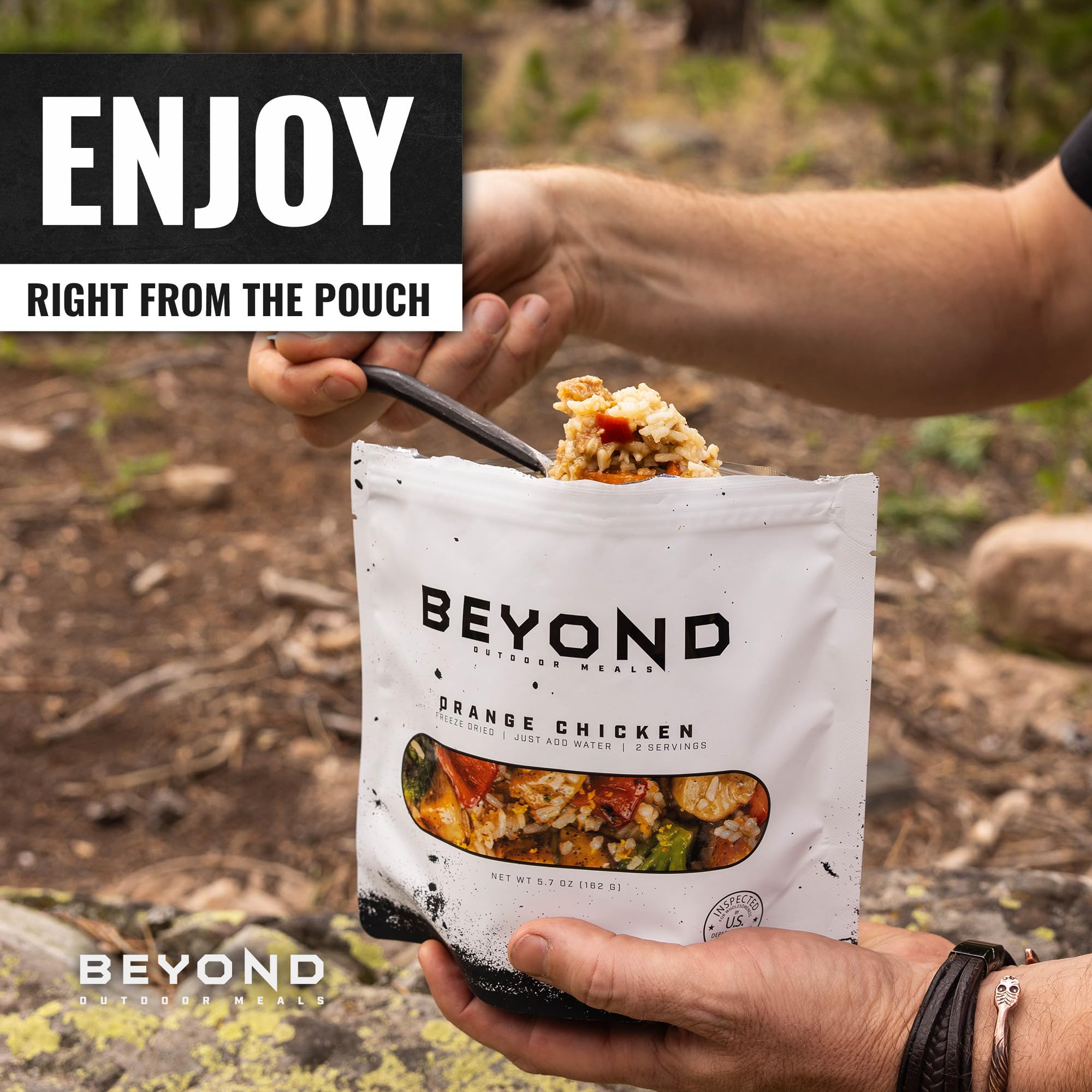 Beyond Outdoor Meals Orange Chicken pouch shows rugged, shelf-stable packaging.