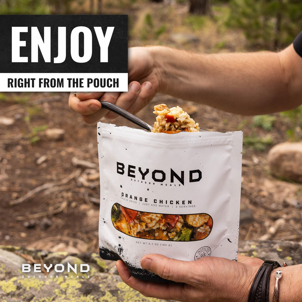 Beyond Outdoor Meals Orange Chicken pouch shows rugged, shelf-stable packaging.