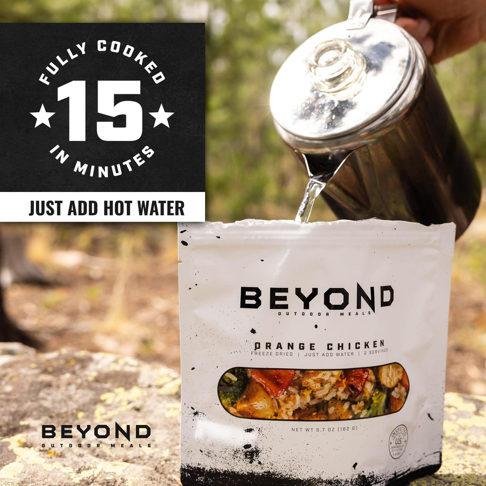 Beyond Outdoor Meals Orange Chicken ingredients label highlights USA sourcing.