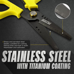 Shears cutting braided fishing line in action