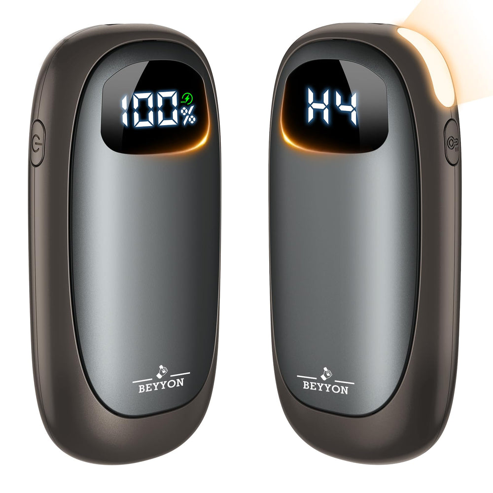 BEYYON B hand warmers with LED display showing battery and temperature for smart planning.