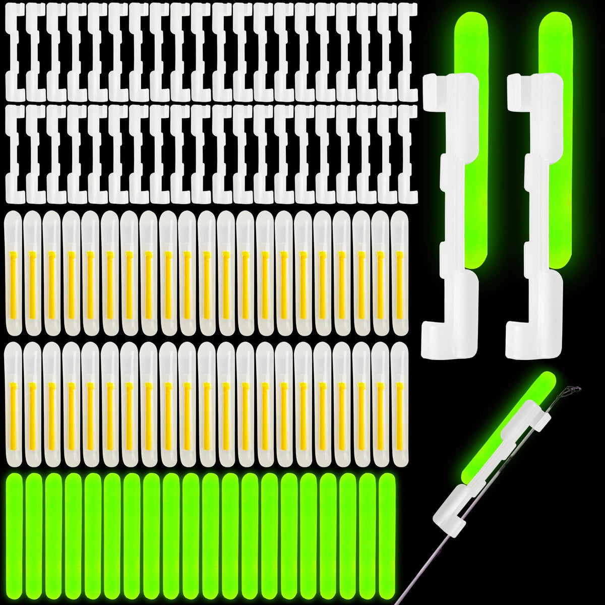 BHwra 300pcs fishing glow sticks set, green glow with 260 mini sticks and 40 card slots