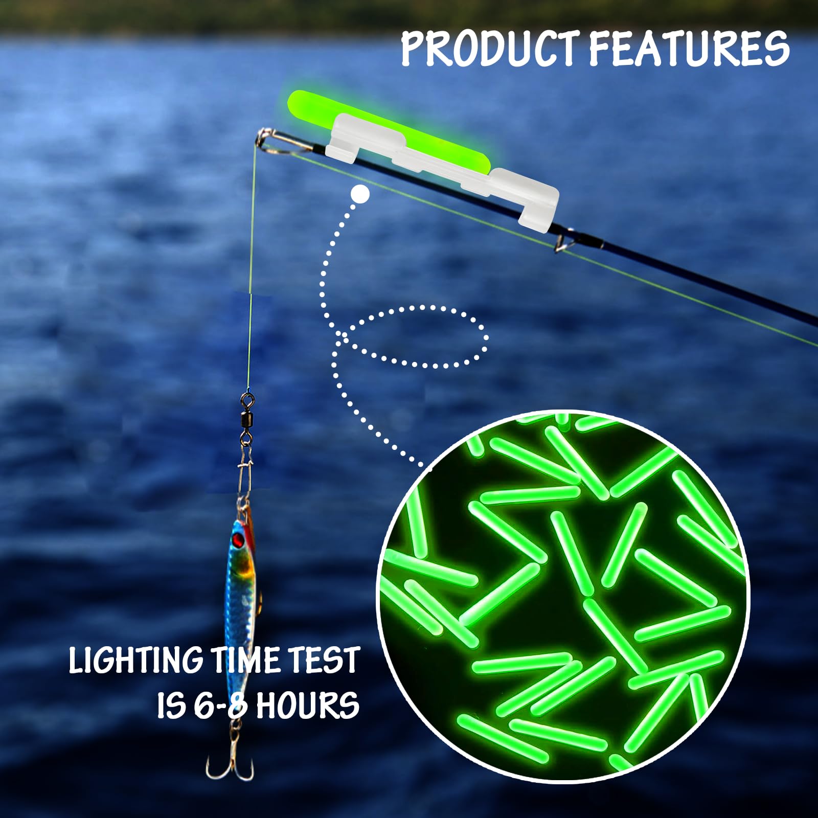 Glow sticks secured on rod tip and bobber during night fishing
