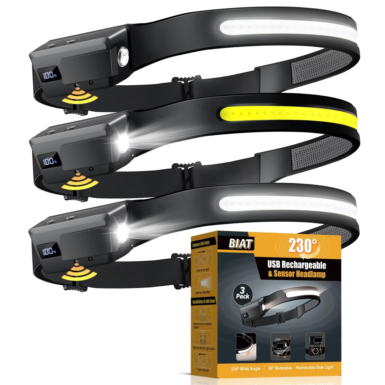 BIAT LED headlamp rechargeable front view with wide, hands-free illumination for camping or late-night tasks