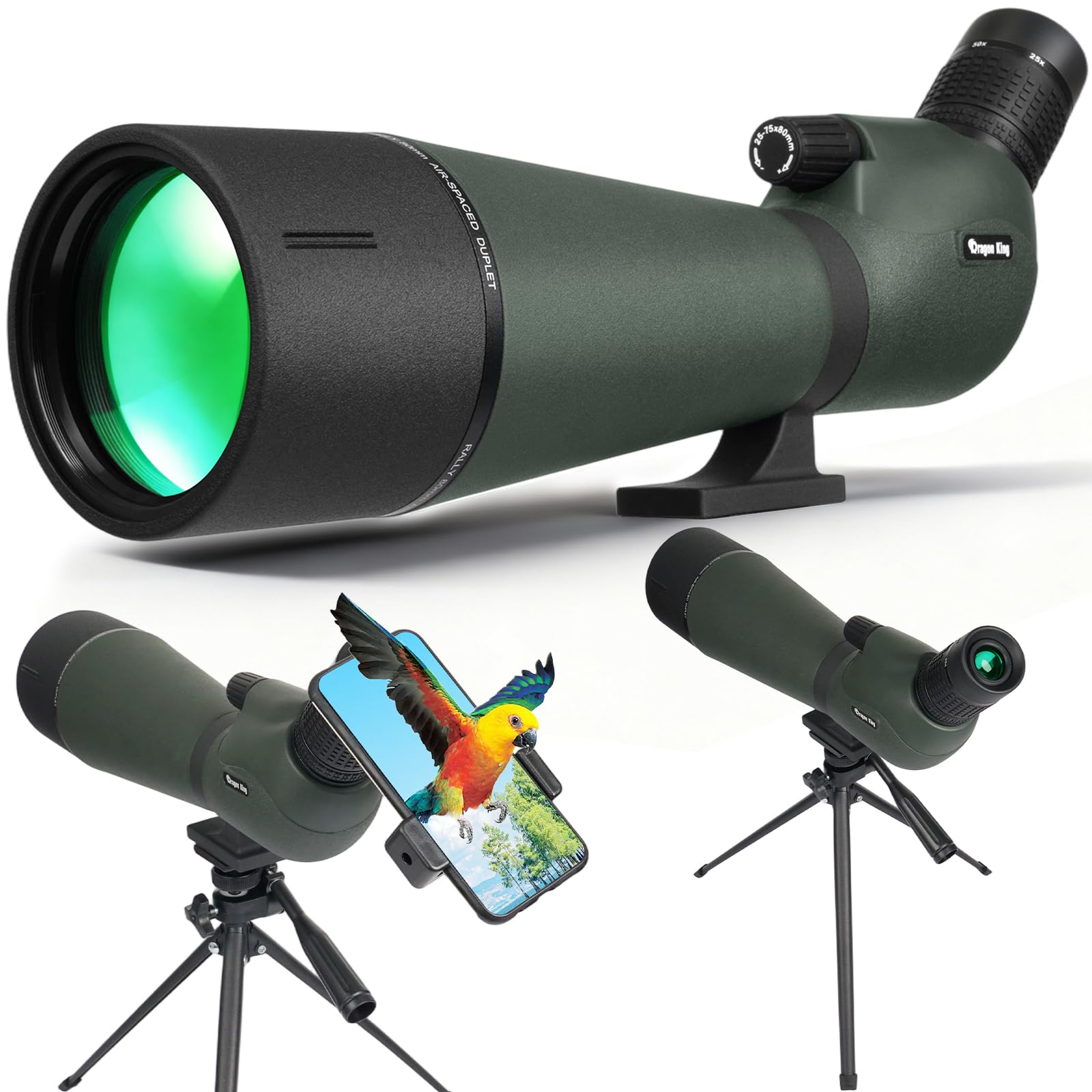 BIBIRE spotting scope shows 25-75x80 zoom for detailed distant birdwatching.