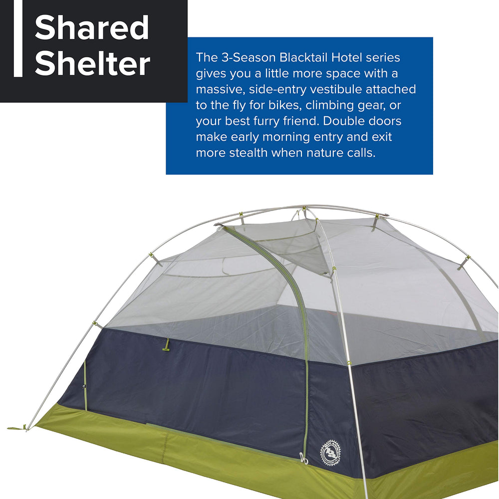 Exterior view of the Blacktail Hotel 2 bikepacking tent showing vestibule access and gear stash space