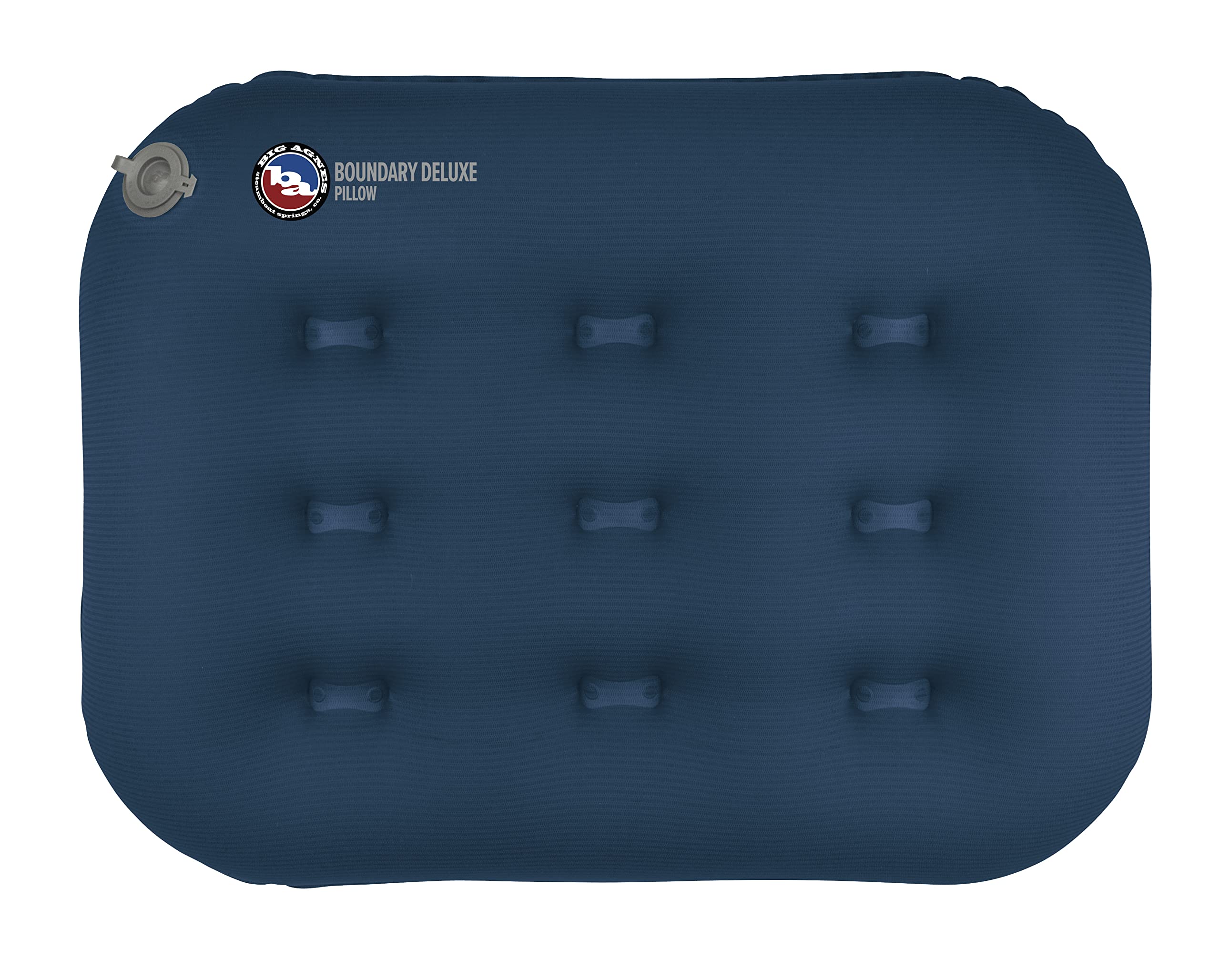 Big Agnes Boundary Deluxe Pillow in Gibraltar Sea offers compact comfort for backpacking rests.
