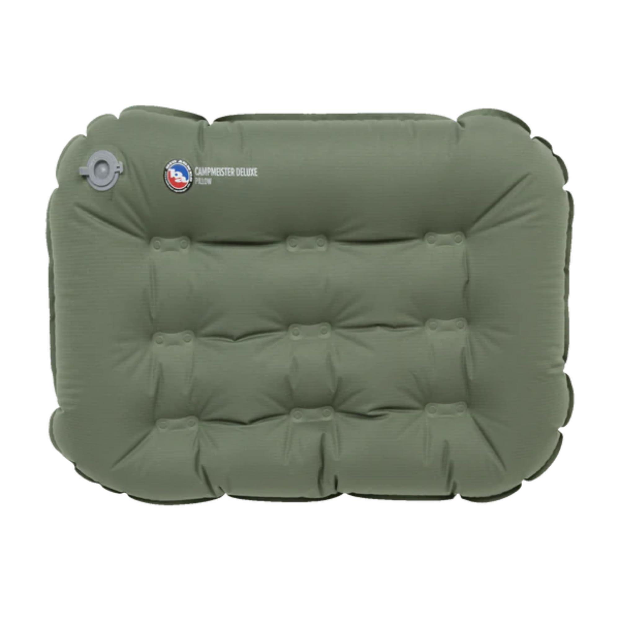 Big Agnes Campmeister Deluxe Pillow in use showing stable head support on uneven ground.
