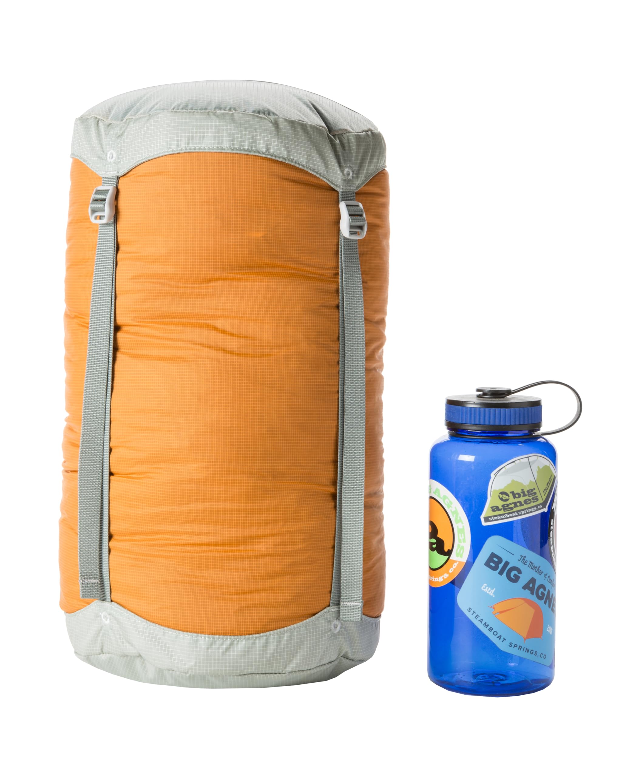 Big Agnes compression stuff sack Tangelo 20L with lid and straps for secure trail packing.