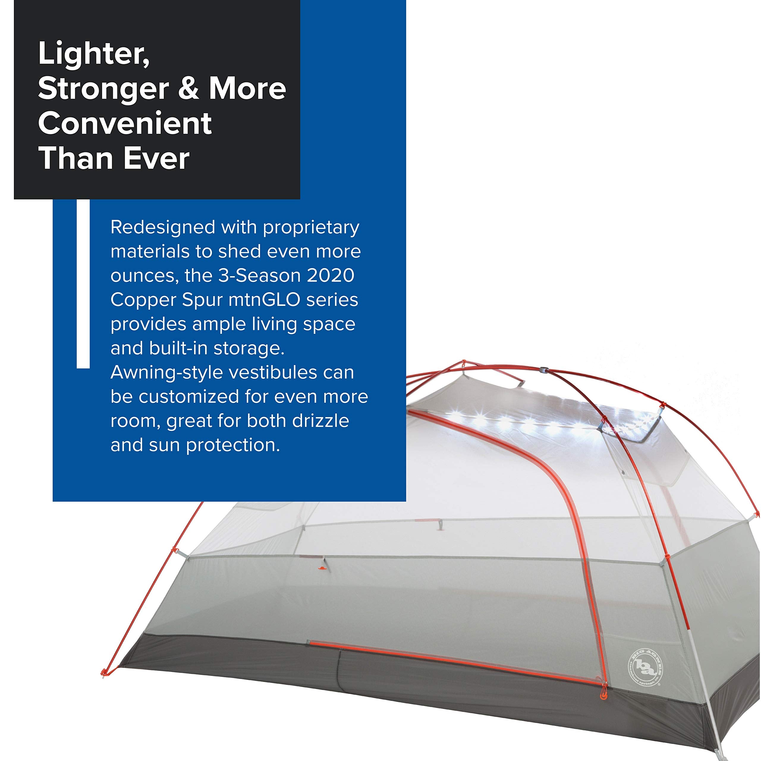 Big Agnes Copper Spur HV UL mtnglo awning-vestibule provides expanded covered living space.