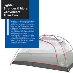 Big Agnes Copper Spur HV UL mtnglo awning-vestibule provides expanded covered living space.