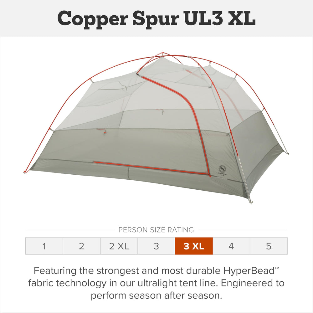 Big Agnes Copper Spur UL 3-Person XL extended dimensions maximize livable space on trips.