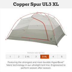 Big Agnes Copper Spur UL 3-Person XL extended dimensions maximize livable space on trips.