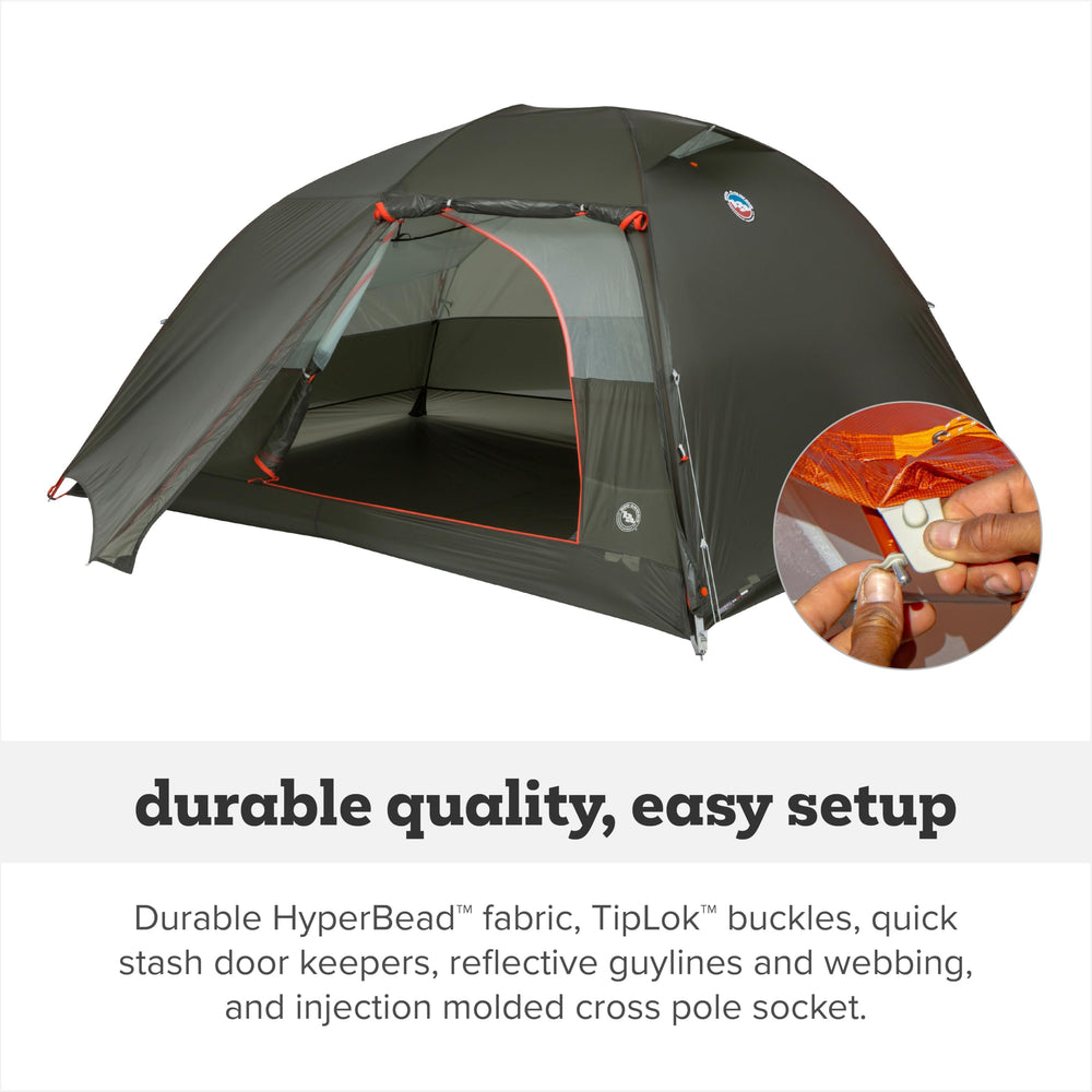 Big Agnes Copper Spur UL 3P lichen green color blends with outdoors.