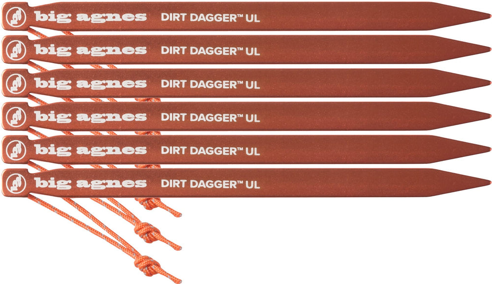 Big Agnes Dirt Dagger UL 6-inch stake with bright anodized finish improves visibility at camp.