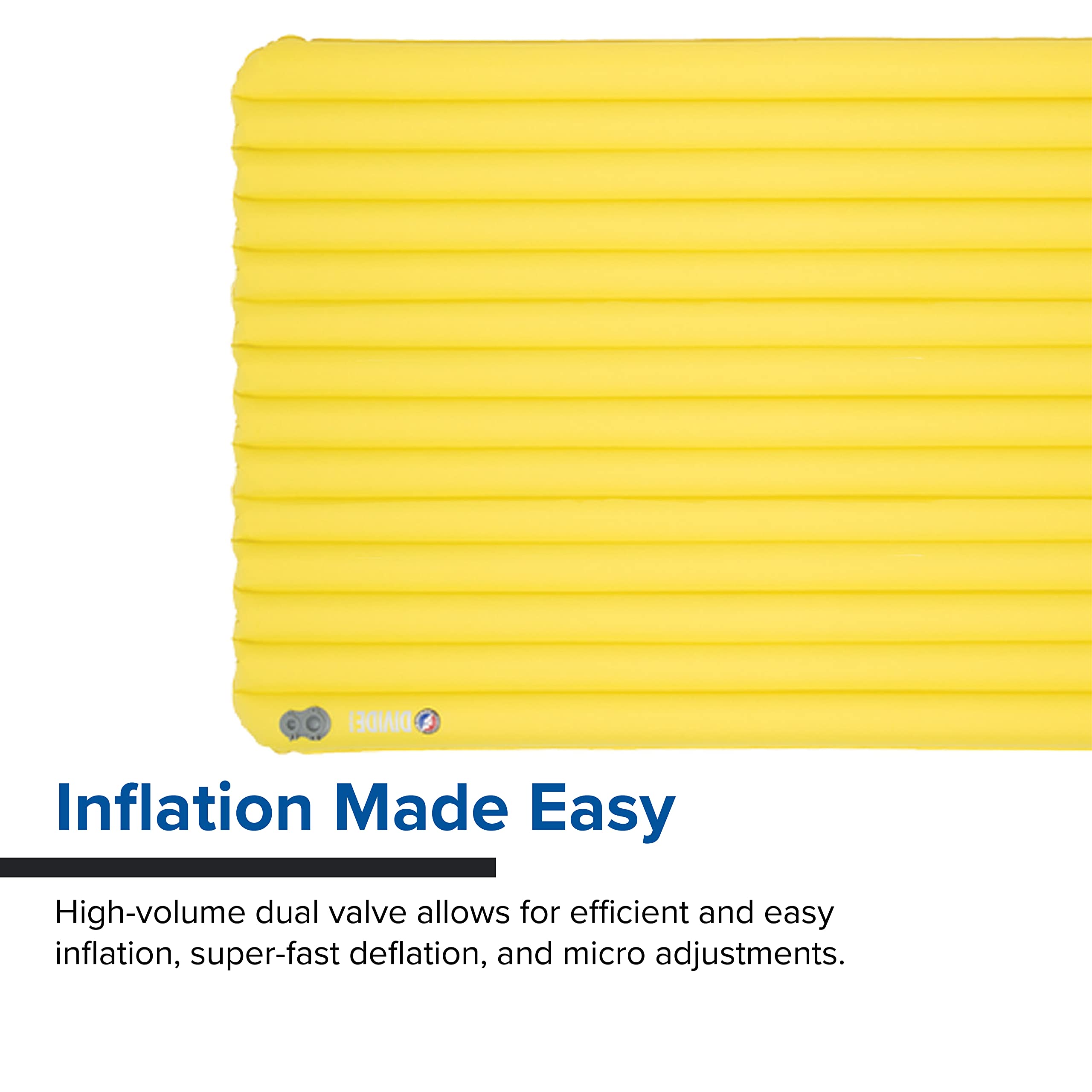 Big Agnes Divide high-volume valve demonstrated for fast inflation and precise firmness.