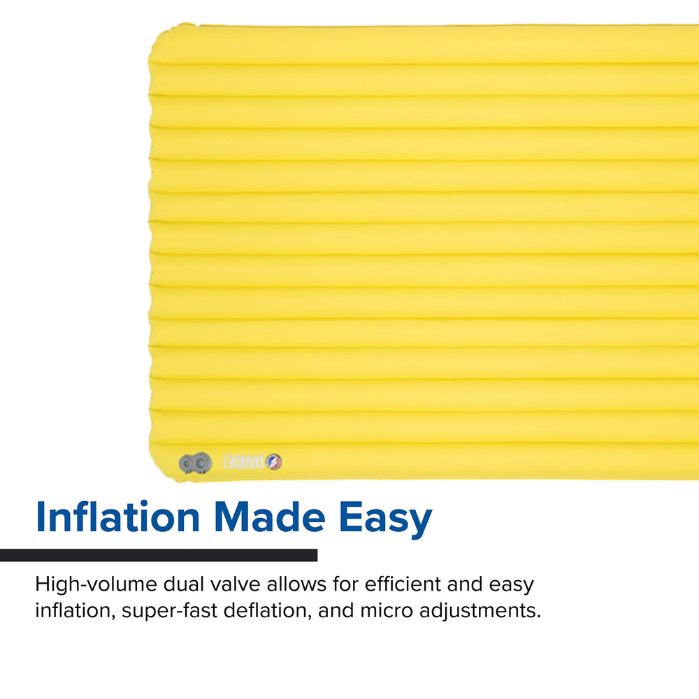Big Agnes Divide high-volume valve demonstrated for fast inflation and precise firmness.