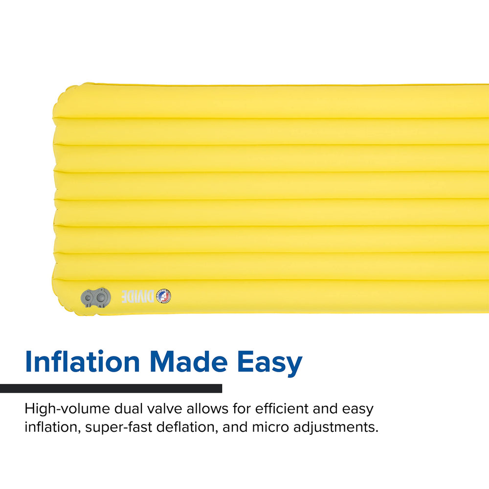 Big Agnes Divide high-volume valves enable quick inflation and precise firmness.