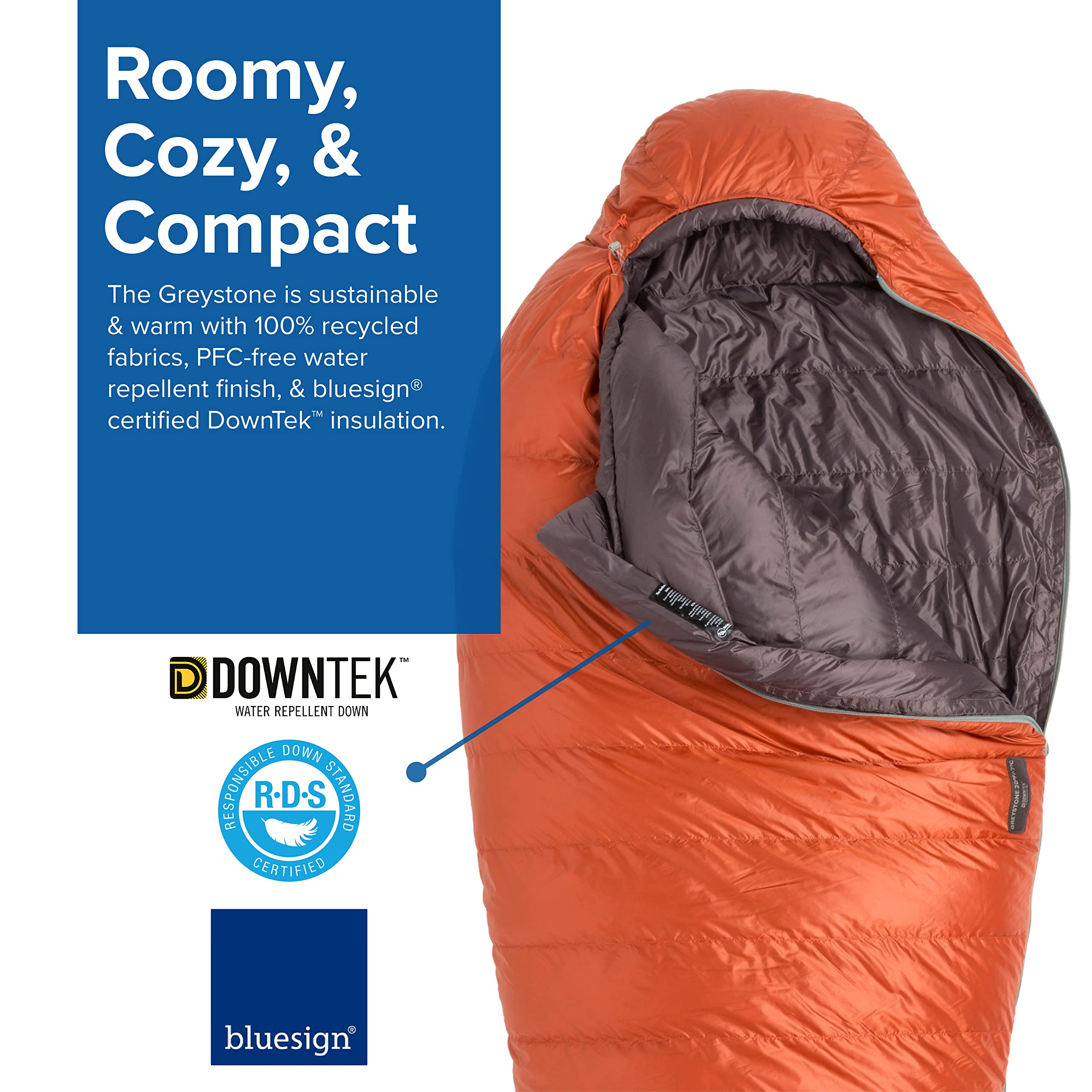 Big Agnes Greystone left zip enables easy entry on cool nights.