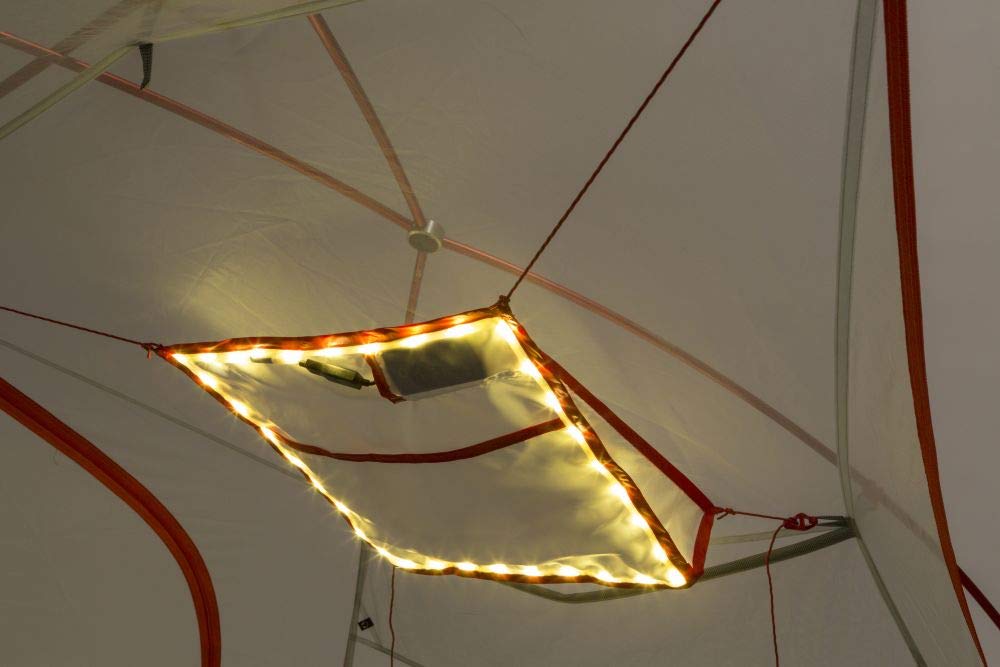 Big Agnes mtnglo gear loft square attached to tent loops for easy access to essentials.