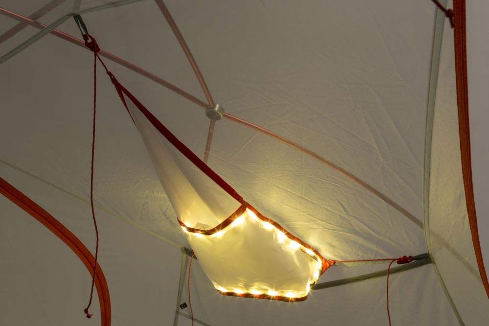 Big Agnes mtnGLO Gear Loft Triangle hooked inside tent for quick access.