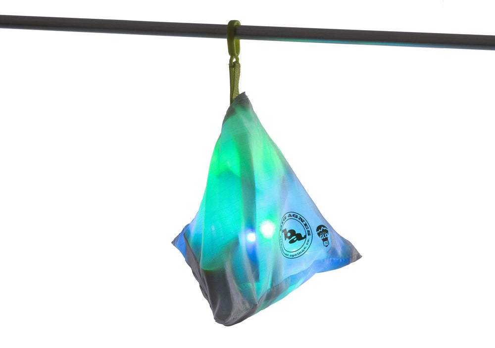 Big Agnes mtnGLO tent light mounted to the tent ceiling for bright interior visibility.