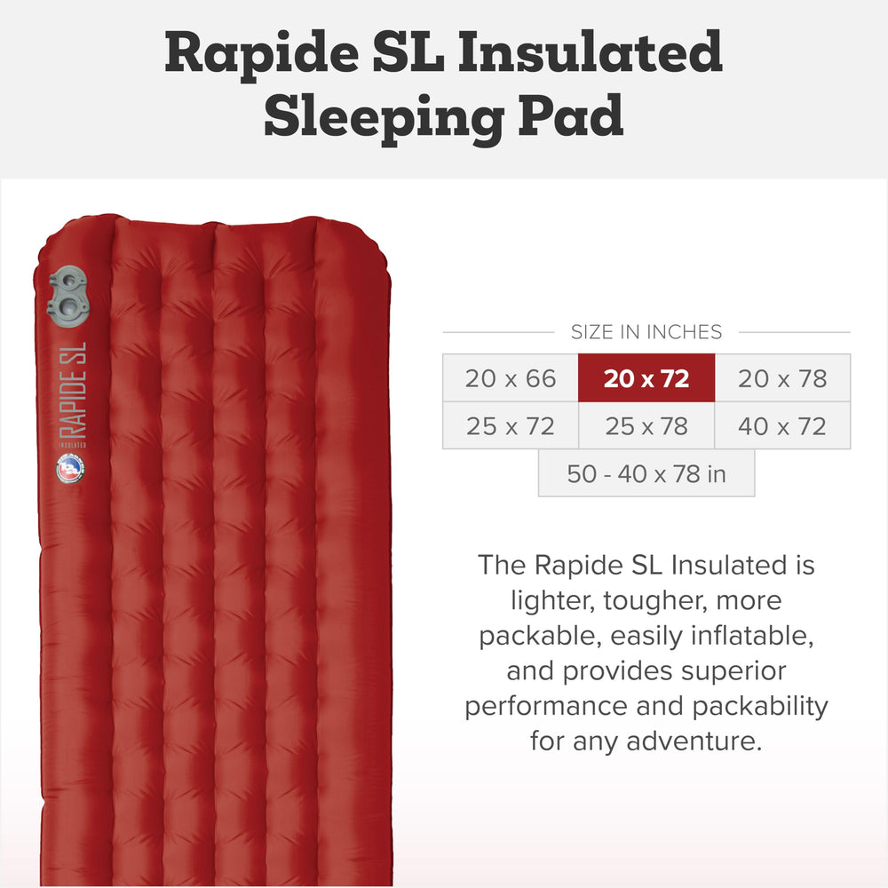 Big Agnes Rapide SL ultralight pad emphasizes lightweight trekking and easy backpacking setup.