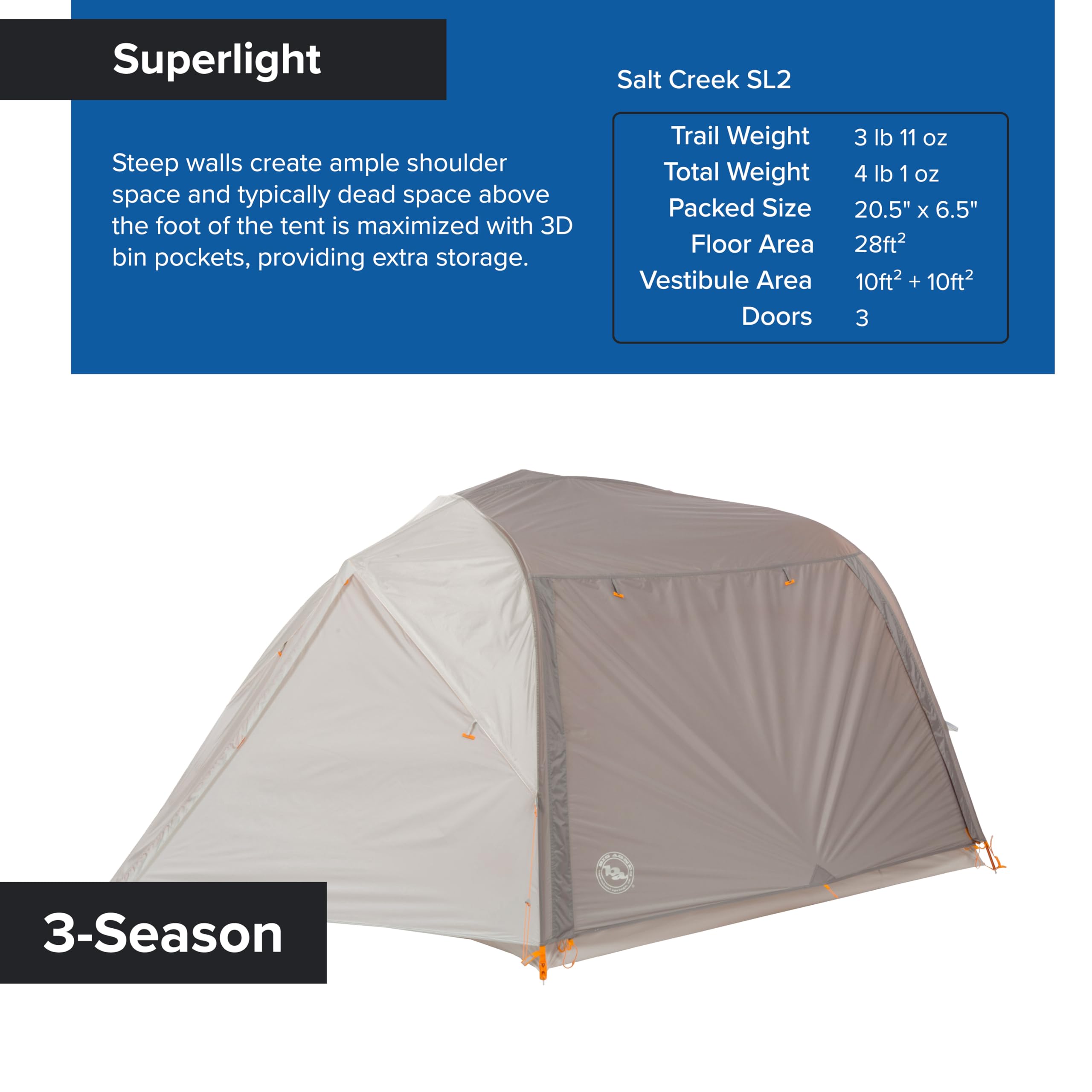 Big Agnes Salt Creek SL three-doors design adds versatile access for groups or solo trips.