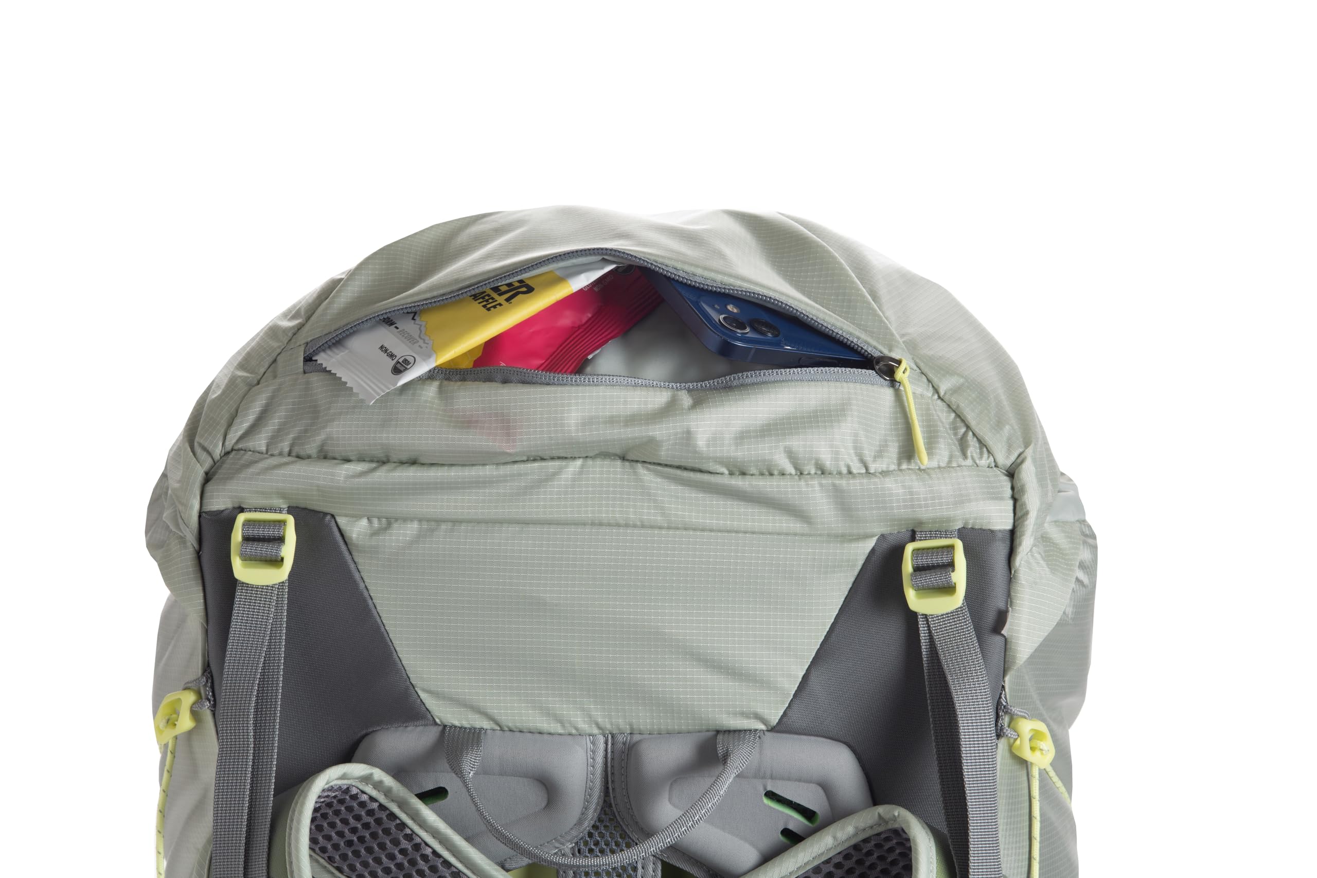 Front stash pocket and hydration sleeve on Big Agnes Sweetwater UL 60L Mercury.