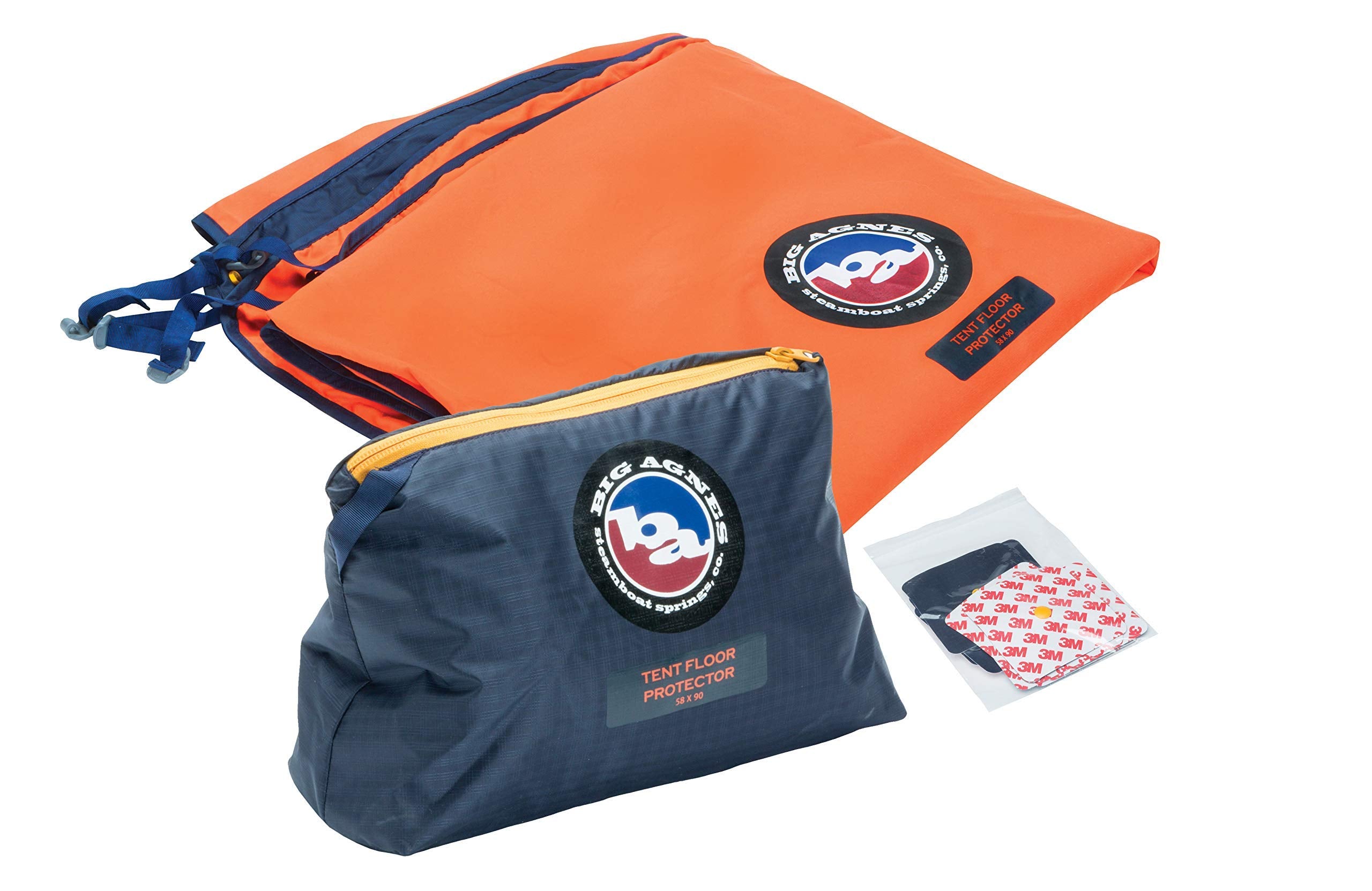 Big Agnes Tent Floor Protector 90x90 in orange and navy under the tent for dry, comfortable camping.