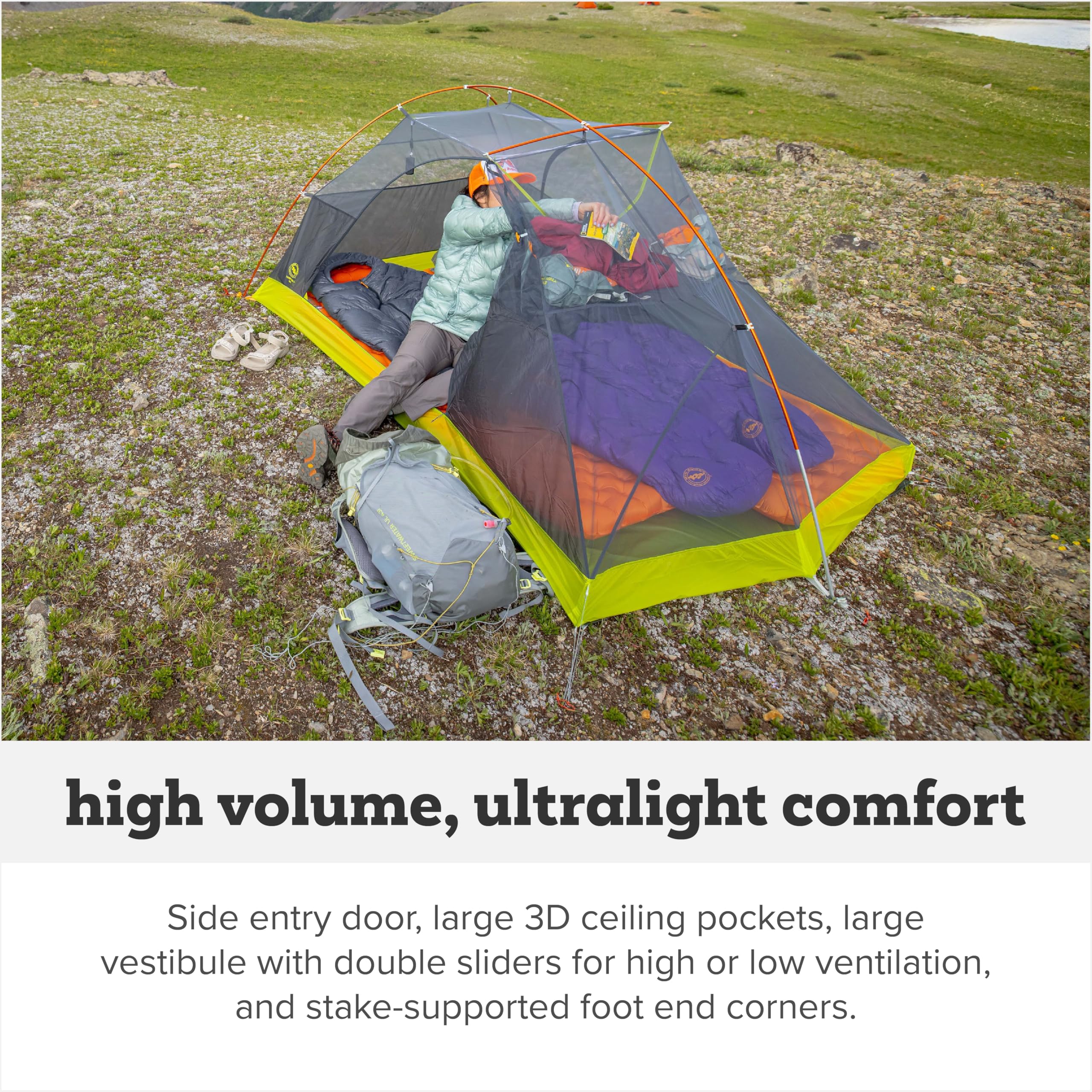 Vestibule storage space in Big Agnes Tiger Wall UL 1P for gear access.