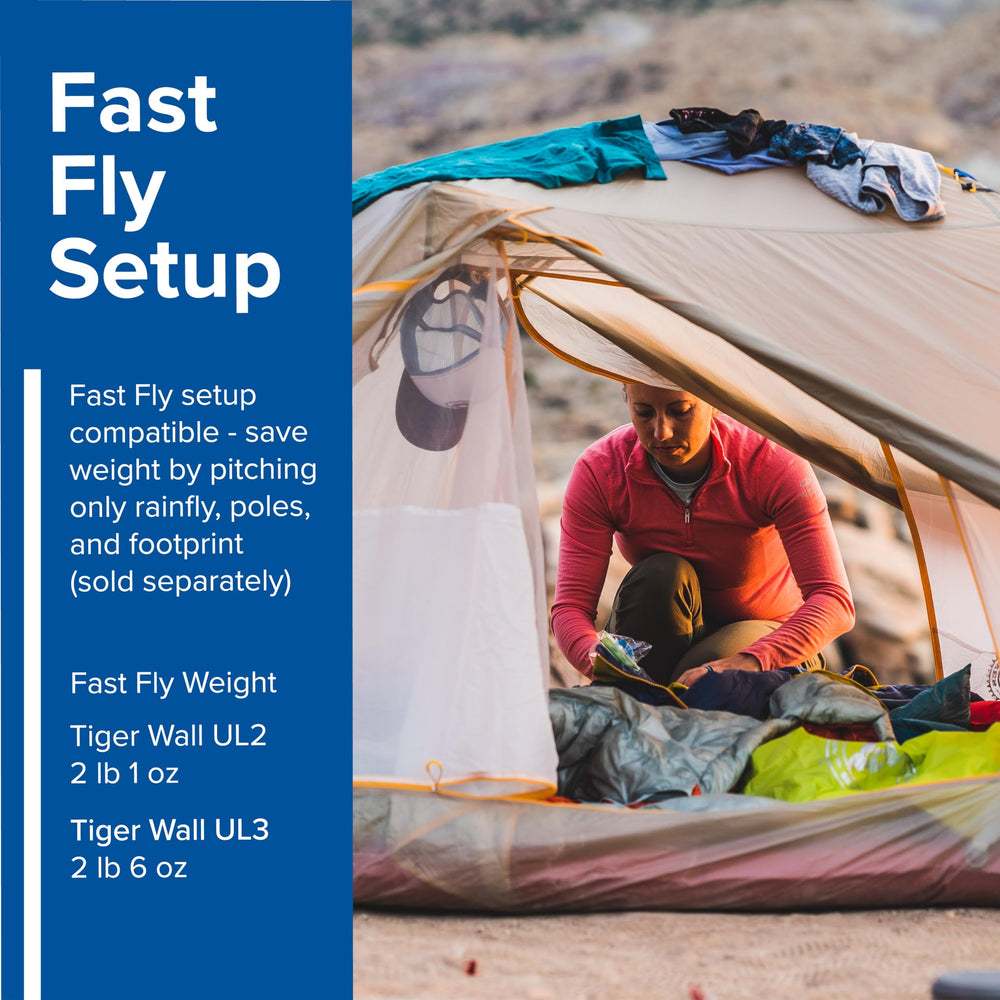 Big Agnes Tiger Wall UL3 two-vestibule setup for organized gear storage