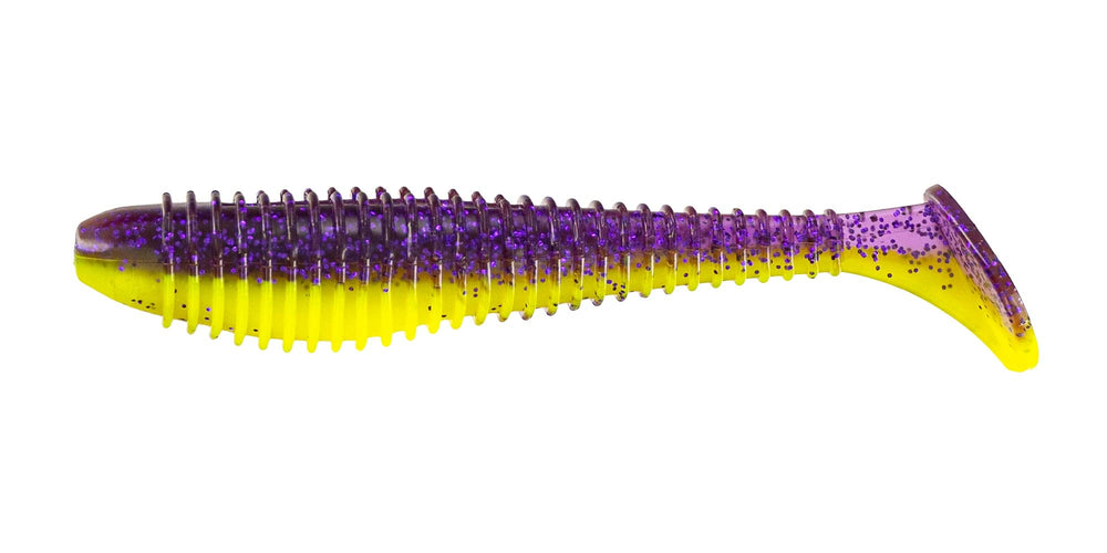 Big Bite Baits 2.8" Pro Swimmer in purple glitter opaque chartreuse attracts bass efficiently.