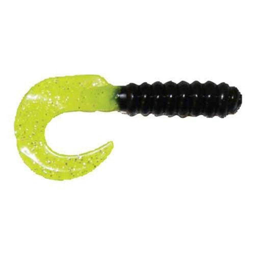 Big Bite Baits 2in Curl Tail Grub in Black/Chartreuse Shine, versatile lure for crappie and panfish