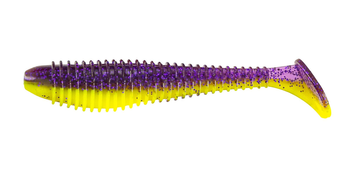 Big Bite Baits PRO Swimmer 3.8 inch purple glitter opaque chartreuse lure for bass.