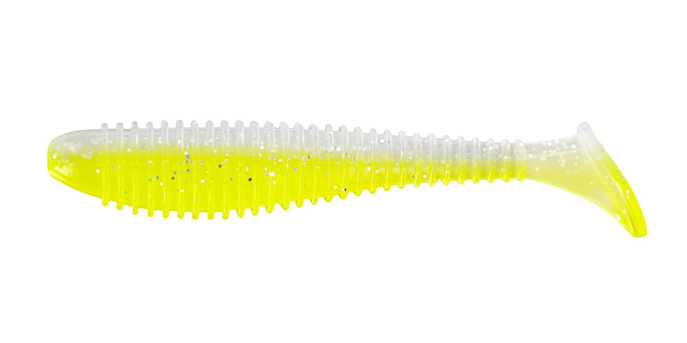 Big Bite Baits Pro Swimmer 4.8-inch white ice chartreuse swimbait demonstrates lifelike action for bass in freshwater