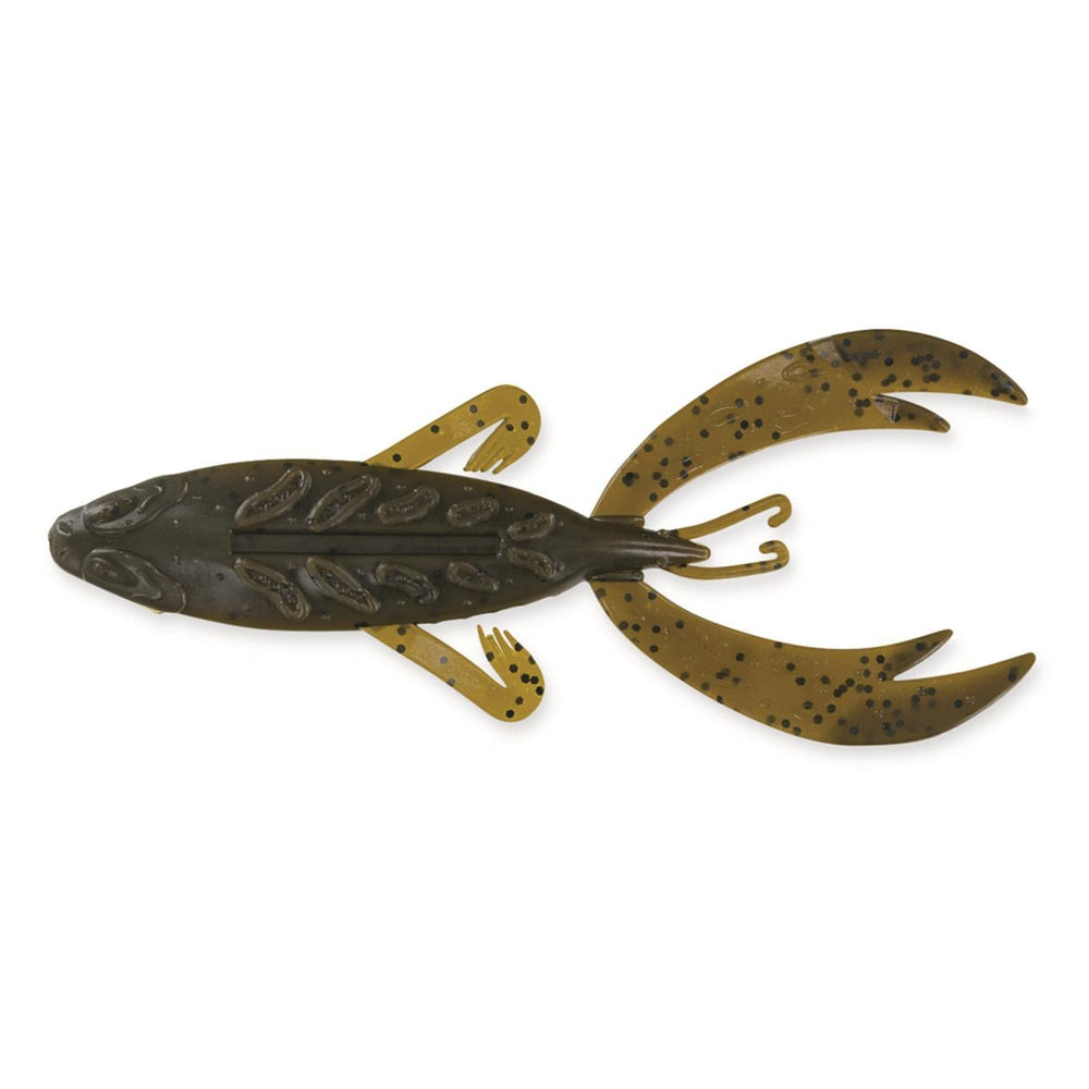 Big Bite Baits Rojas Fighting Frog 4in on a jig provides lifelike crawdad action.