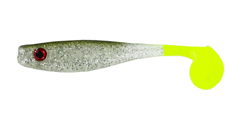 Big Bite Baits Suicide Shad 3.5 Glow lure, versatile for weighted hooks and jigs.