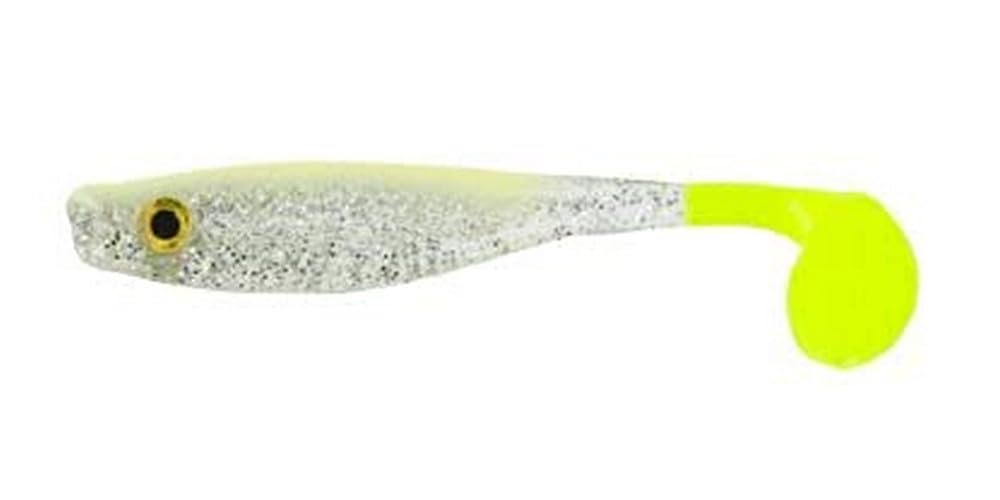Big Bite Baits Suicide Shad 5in bone silver glitter chartreuse tail for versatile retrieves