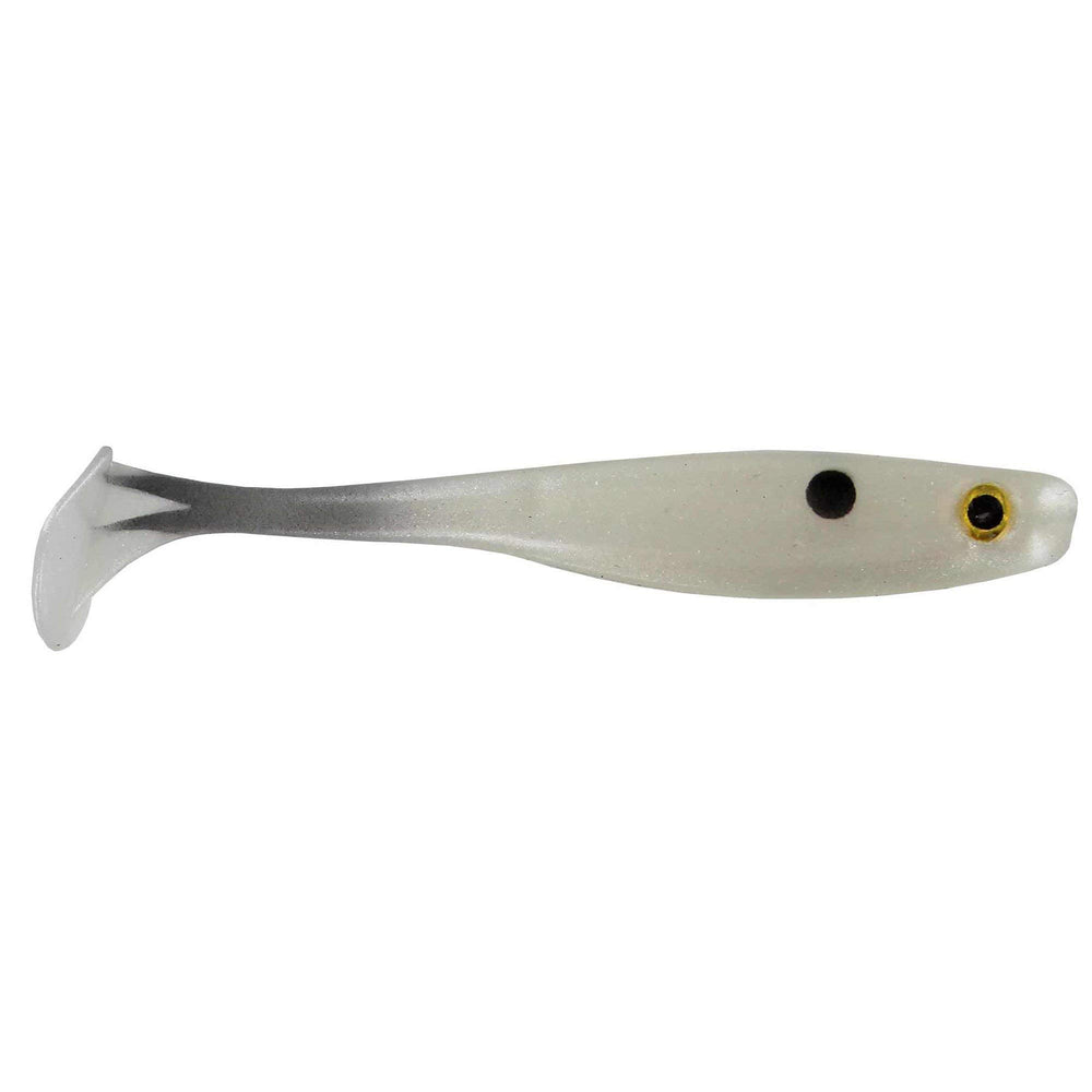 Big Bite Baits Suicide Shad Pearl 5in front view with lifelike tail for realistic swimming action.