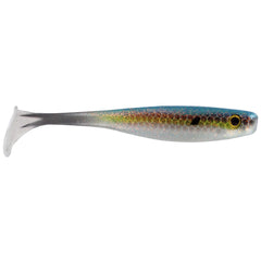 Big Bite Baits Suicide Shad Pearl 5in side profile highlighting forked tail and rig versatility.